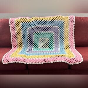 NEW Blanket Afghan Throw‎ Handmade Multicolor  Pink on Edge 44.5”x 44.5” Pastels